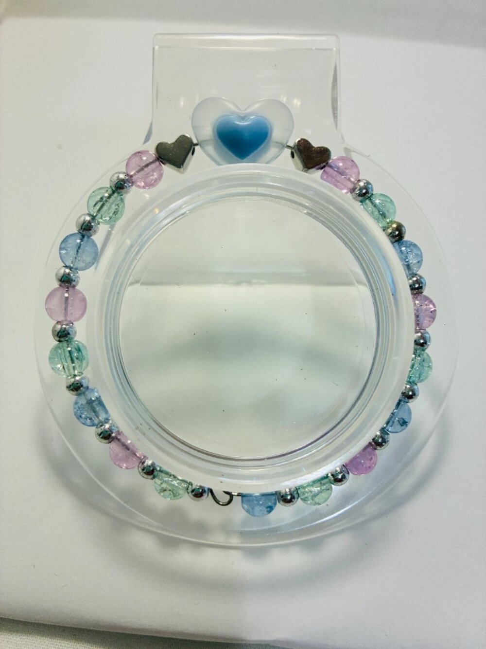 Handmade Pastel Beaded Memory Wire Bracelet w/ Blue Heart Charm
